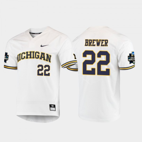 Michigan #22 For Men Jordan Brewer Jersey White NCAA 2019 NCAA Baseball College World Series